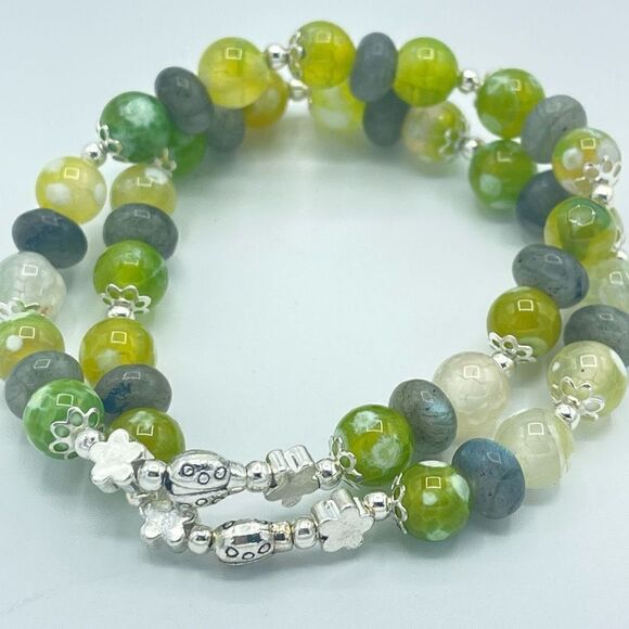 Ladybug labradorite green orca agate beaded stretch bracelet ONE NEW crystal - Picture 7 of 8